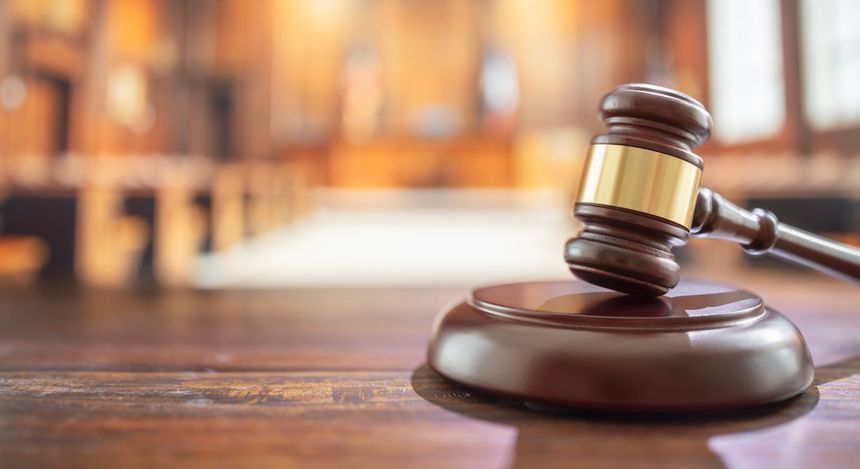 Judges gavel in court room justice, legal court trial and law background