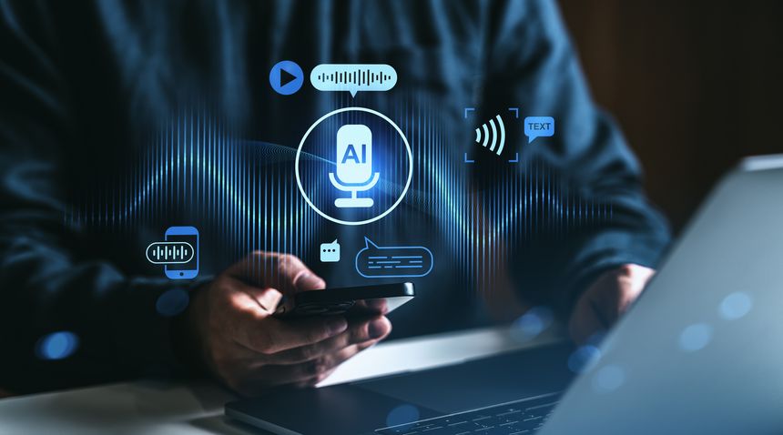 Man holding smartphone near laptop with glowing AI voice assistant interface icons, holographic style, on dark blurred background, tech innovation concept