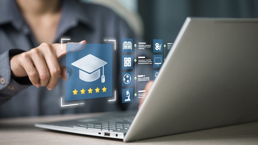 Person selects a graduation cap card with five-star rating on a laptop; online course review, LMS dashboard, curriculum checklist, accreditation, assessment and student performance analytics concept.
