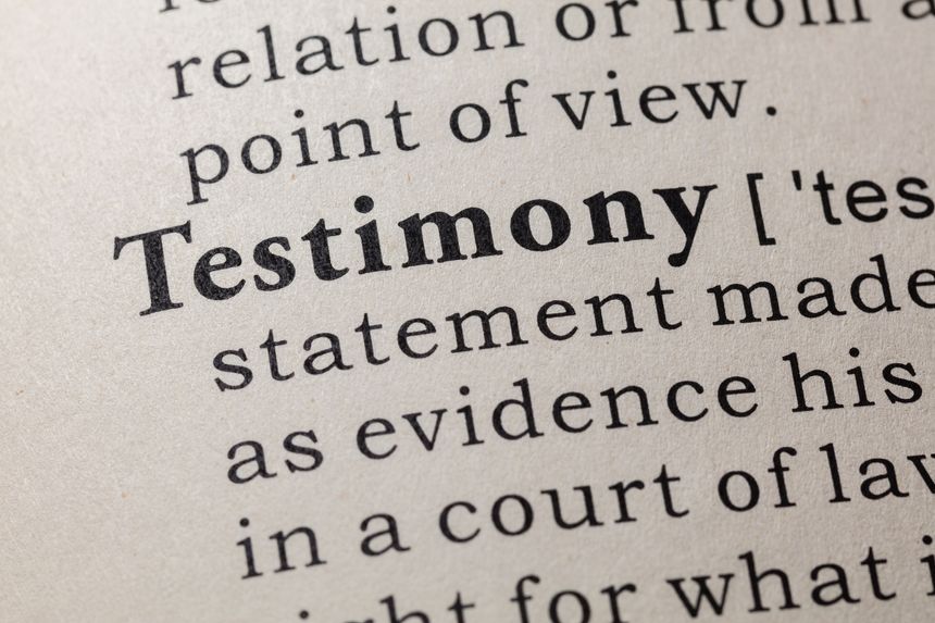 Fake Dictionary, Dictionary definition of the word testimony. including key descriptive words.