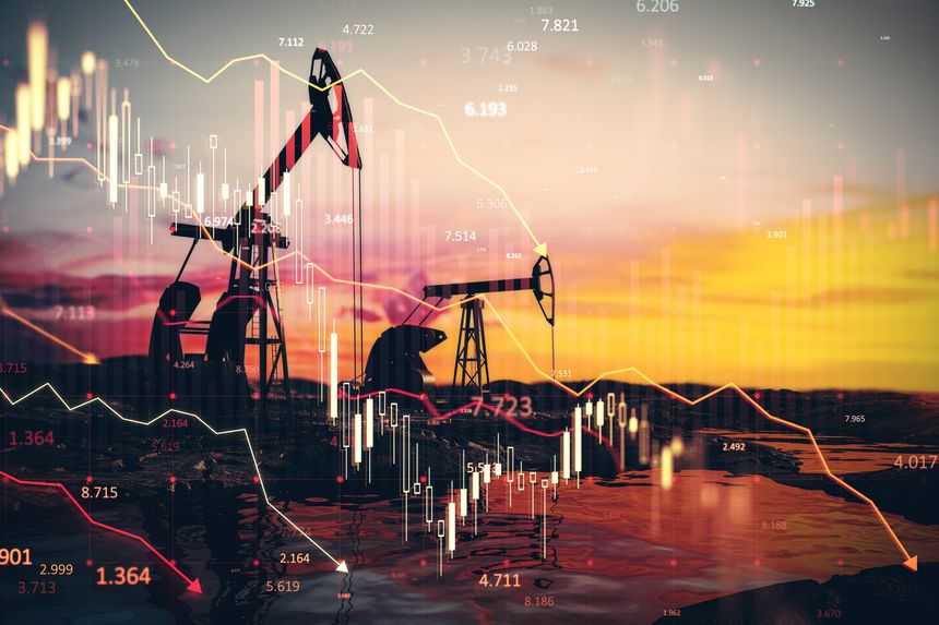 Oil pumpjacks at sunset with financial charts overlay depicting market trends. Concept of oil economy, stock market, and trade fluctuations