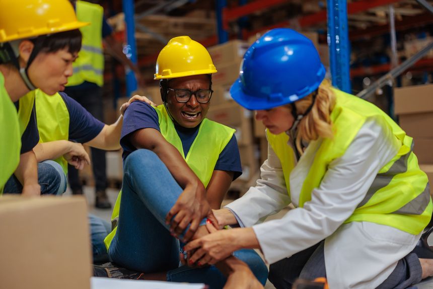 Doctor examining an injured warehouse worker following an accident, providing medical assistance and support in a high-risk environment