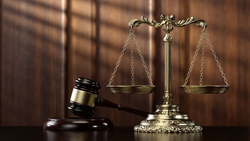 Law Legal System Justice Crime concept. Mallet Gavel Hammer and Scales on table. 3d Render illustration.