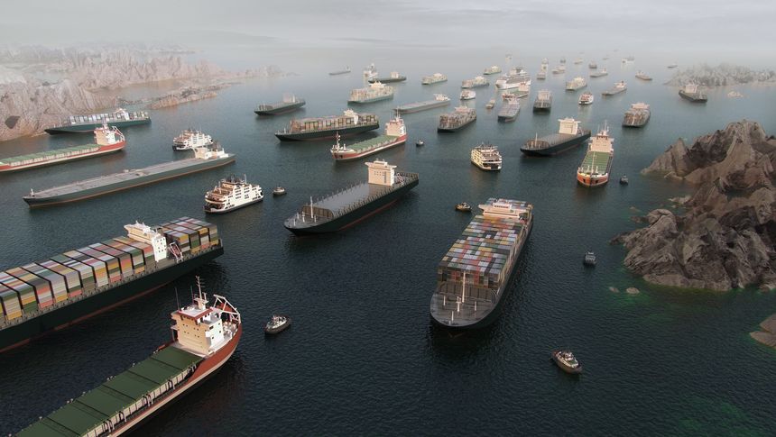 Cargo vessels congestion blocking maritime traffic in the Strait of Hormuz, tankers and container cargo ships clustered in aerial 3D illustration render. Strategic maritime chokepoint linking the Persian Gulf and Gulf of Oman. Global trade dependency, export logistics, freight transport, supply chain vulnerability, geopolitical tension 3D