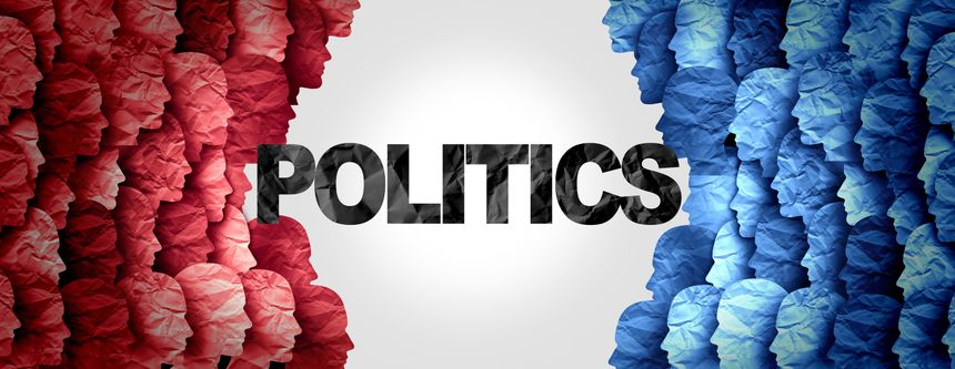 Concept of politics and the tribal nature of political division as left and right wing government philosophy as different social and economic direction divided during an election campaign as two groups as red and blue representing conservative and liberal or Democrat and Republican voters.