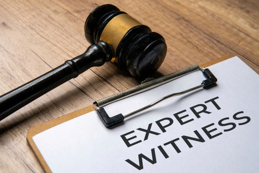 Close-up image of paper clipboard with text EXPERT WITNESS and judge gavel. Legal expertise, testimony, law concept.