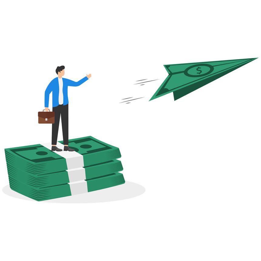 a man in a business suit stands on a high pile of money and launches an airplane out of a cash bill