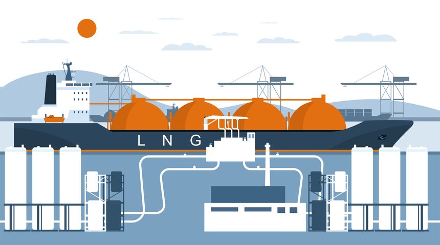 A gas carrier ship is unloading in a terminal for receiving liquefied gas. Vector illustration.