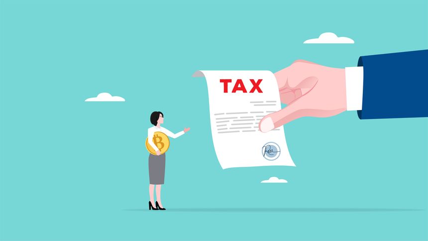 Crypto currency tax burden, businesswoman investor holding bitcoin surprised by government hand issue tax bill concept vector illustration