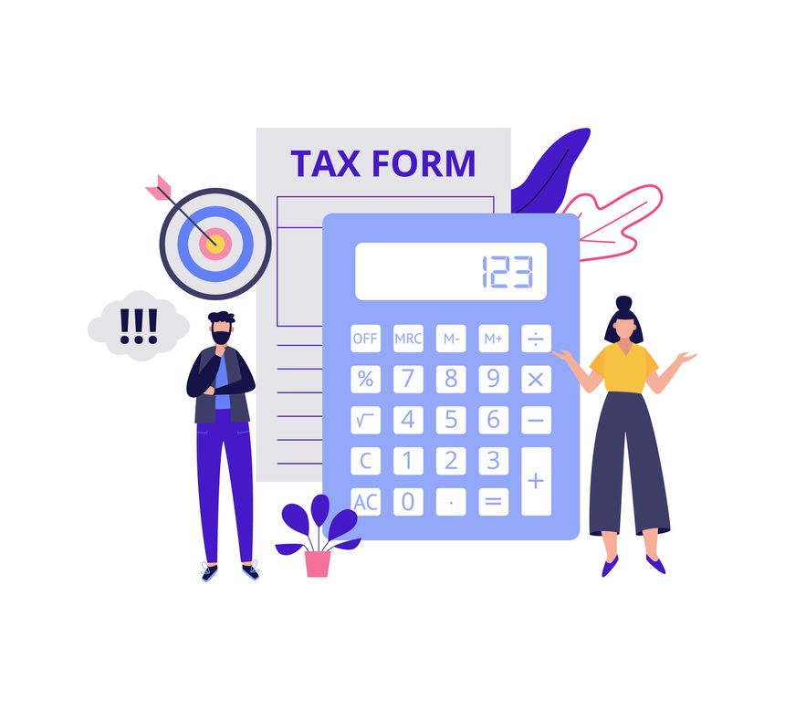 Tax online consultation and assistance in filing a tax return banner with entrepreneur and tax consultant, flat vector illustration isolated on white background.