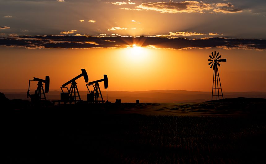 Landscape with silhouette of oil pumps. Western landscape in the United States., like Texas with dramataic sky during sunset Oil and gas industry, drilling and oil production. concept. 3D illustration