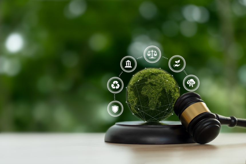 Gavel and Green globe with Environment icons on green background. Environment Law. Carbon credit law. environmental protection and eco-friendly legislation law. sustainable environmental conservation
