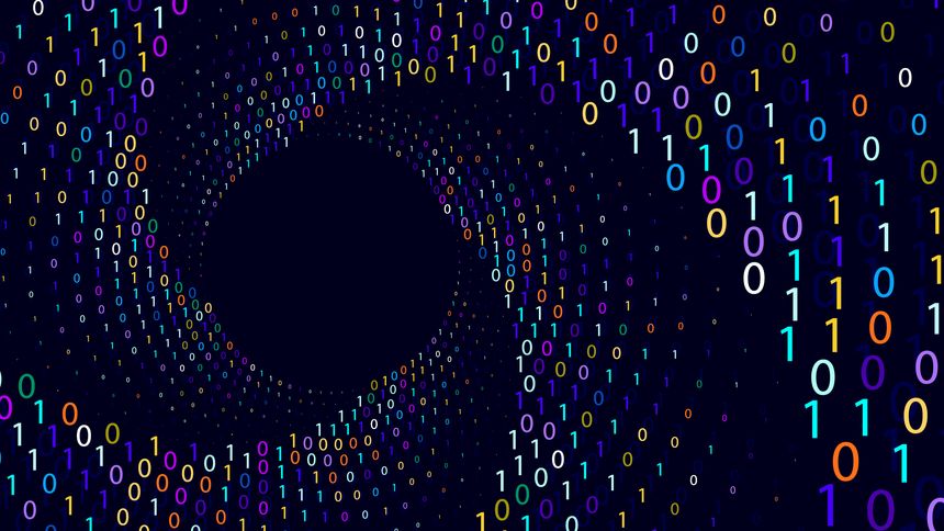 Dark background with swirling, colorful binary code forming a tunnel effect.Abstract background.