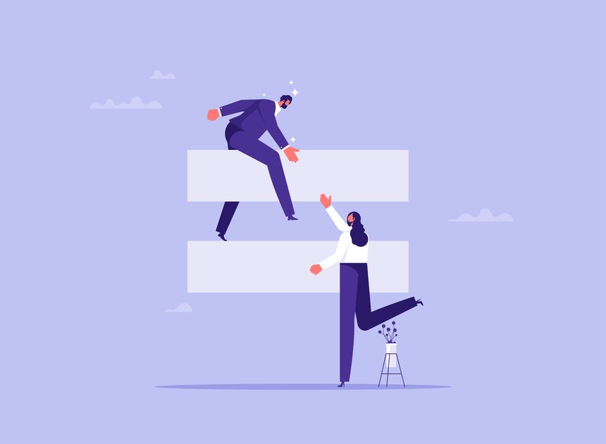 Gender equality in office concept, challenge of woman to be accepted in organization, treat female and male equally, businessman stand on equality sign and help or support businesswoman to reach same level