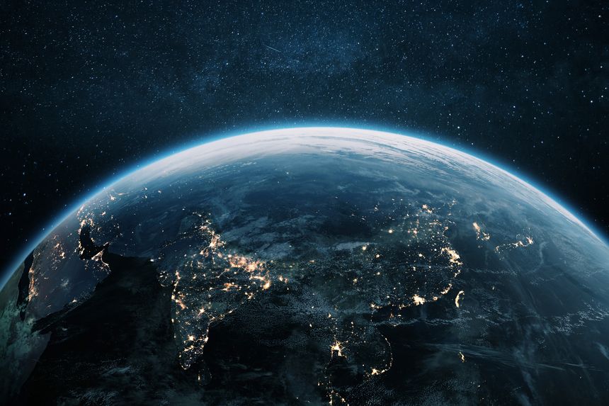 Beautiful planet Earth with night lights of Asian cities views from space. Amazing night planet Earth in view of India, China, Korea and Japan. Development, economics and technology, concept. https://eoimages.gsfc.nasa.gov/images/imagerecords/79000/79765/dnb_land_ocean_ice.2012.3600x1800.jpg