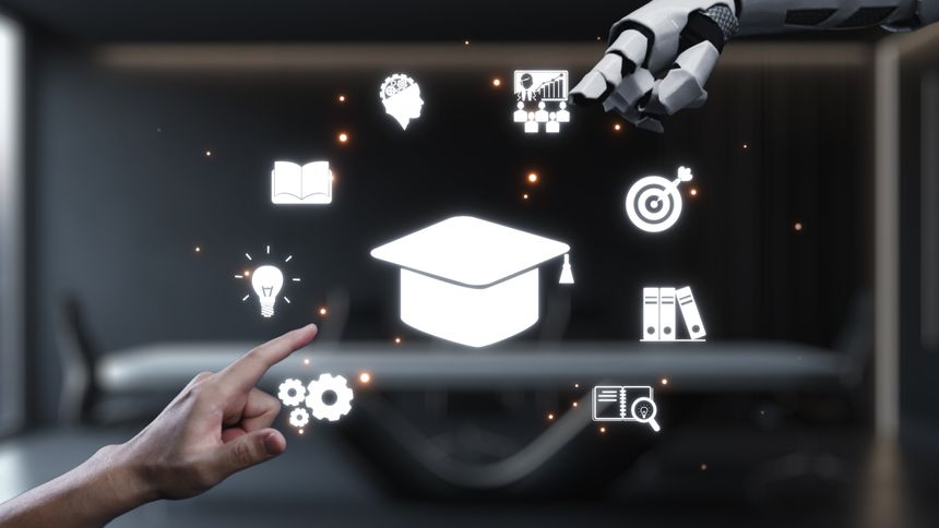 A captivating image showcasing a robotic arm interacting with digital education icons, symbolizing the fusion of technology and learning in modern educational settings. Auvana