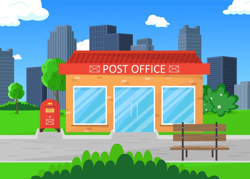 Post office building with a mailbox. Post office against the backdrop of skyscrapers.