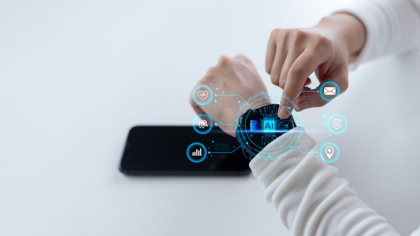 Hand operating an AI-powered smartwatch with a futuristic interface. Concept of wearable tech, health monitoring, Internet of Things, and smart device innovation.