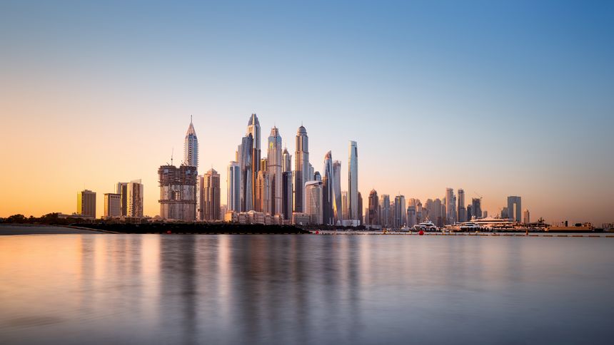 the skyscraper of jumeirah beach during sunrise, dubai