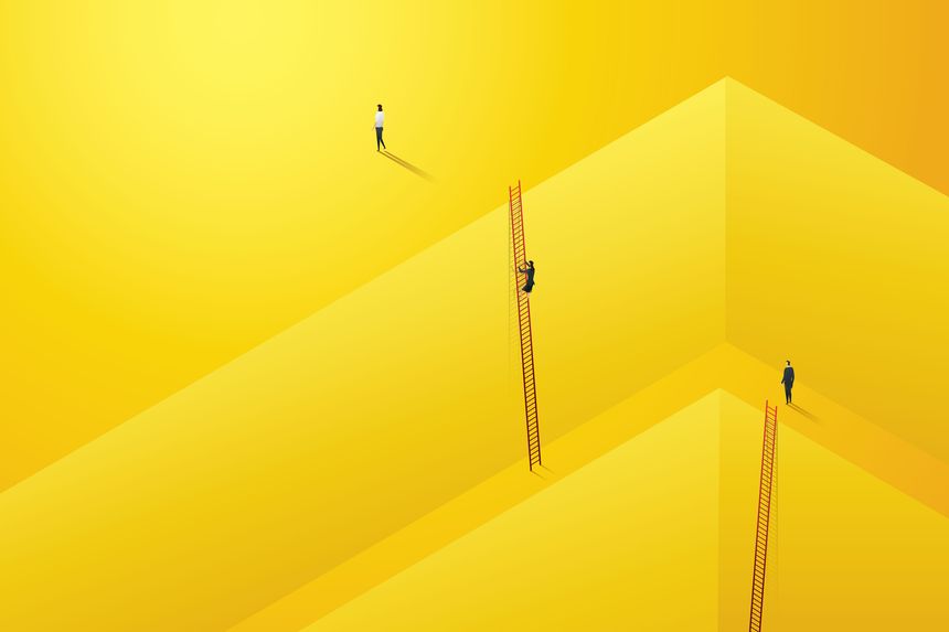 Businessman start climbing stair for successful career achievement in the wall darke yellow, Personal development. illustration Vector