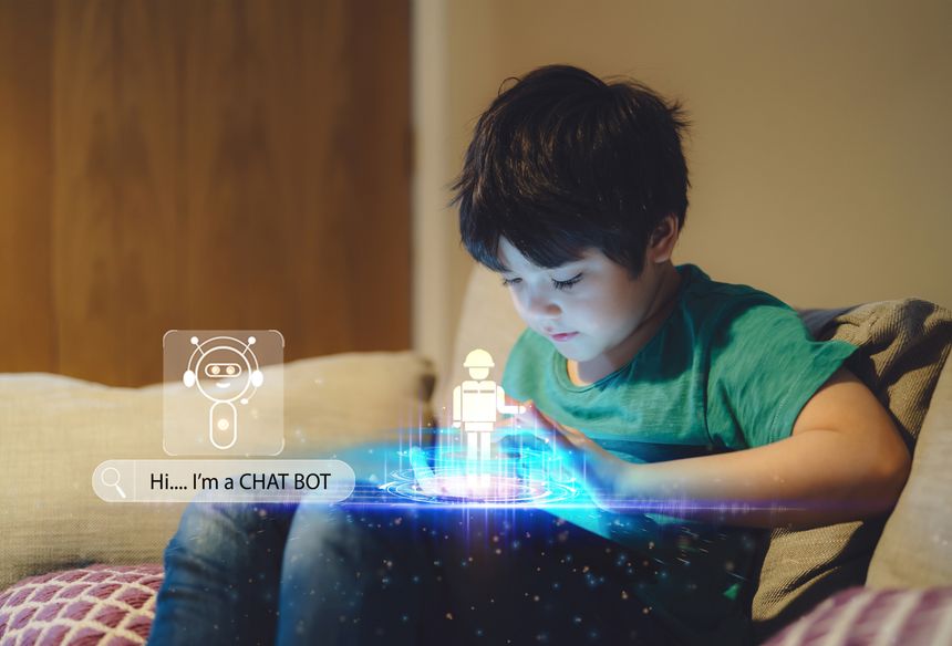 Education Technology Learning concept,Kid using CHAT BOT building robot game on tablet with notification face icon pop up,Boy programming Robot with exposure screen web surfing,cyber diagram interface