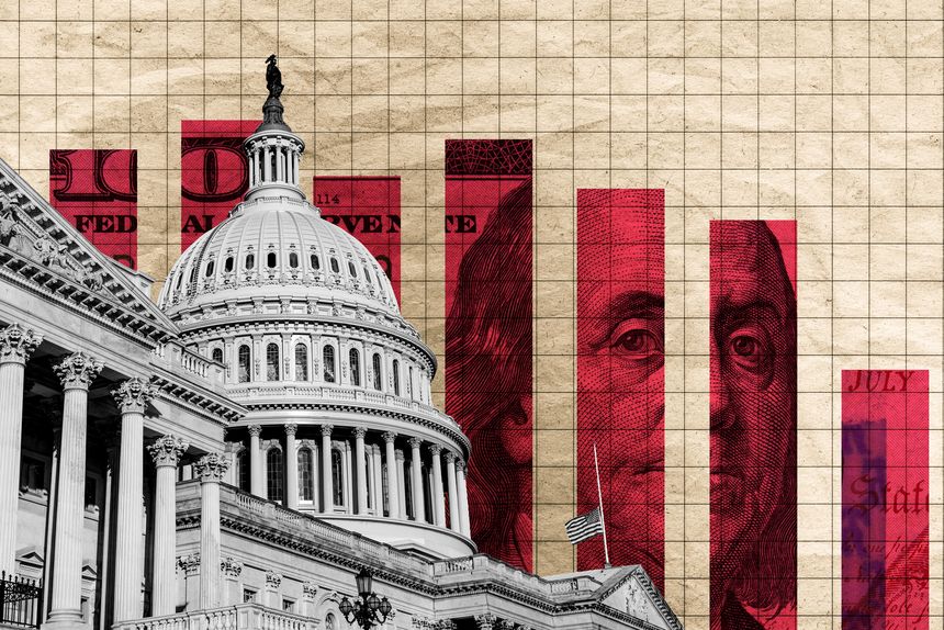 U.S. economic crisis as markets crash.  Concept showing a slowing market behind a black and white United States Capitol