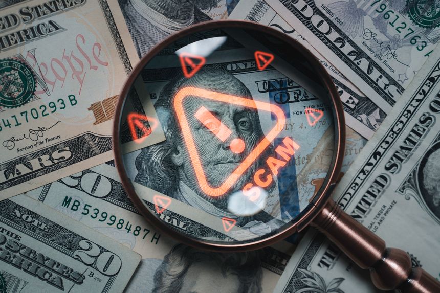 Magnifying glass focusing on scam warning symbol over dollar bills concept of financial fraud money laundering cybercrime and online scam alert for security awareness and finance protection