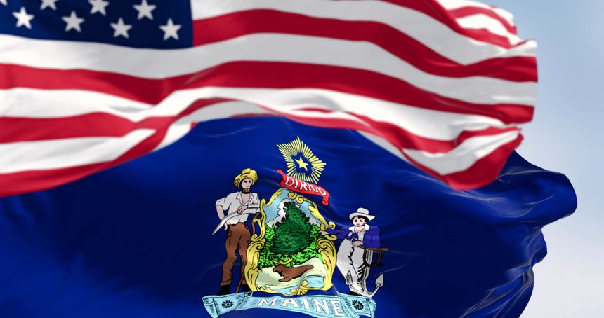 Maine state flags and the American flag waving in the wind on a clear day. US state flag. Pride and patriotism concept. 3d illustration render. Rippling fabric. Selective focus