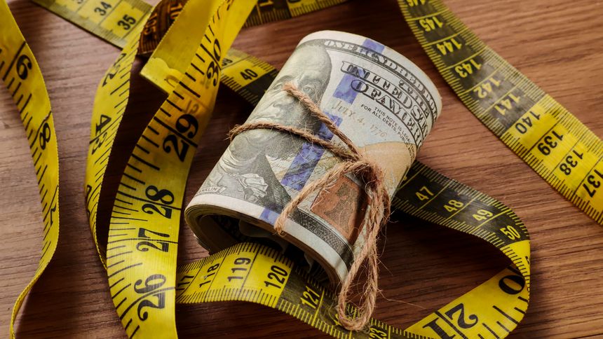 Rolled US Dollar Bills and Measuring Tape on Wooden Table