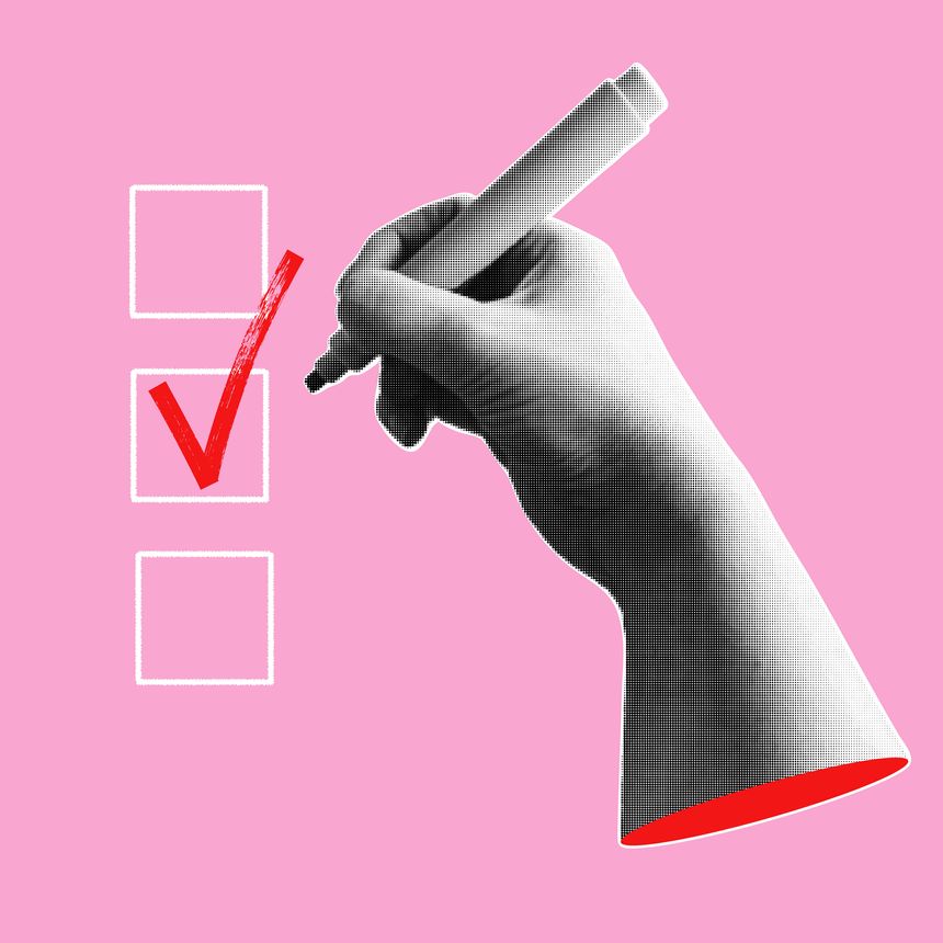 Trendy halftone banner with hand holding marker and writing check mark. Modern retro style. Voting concept. Contemporary collage for design template. Vector illustration.