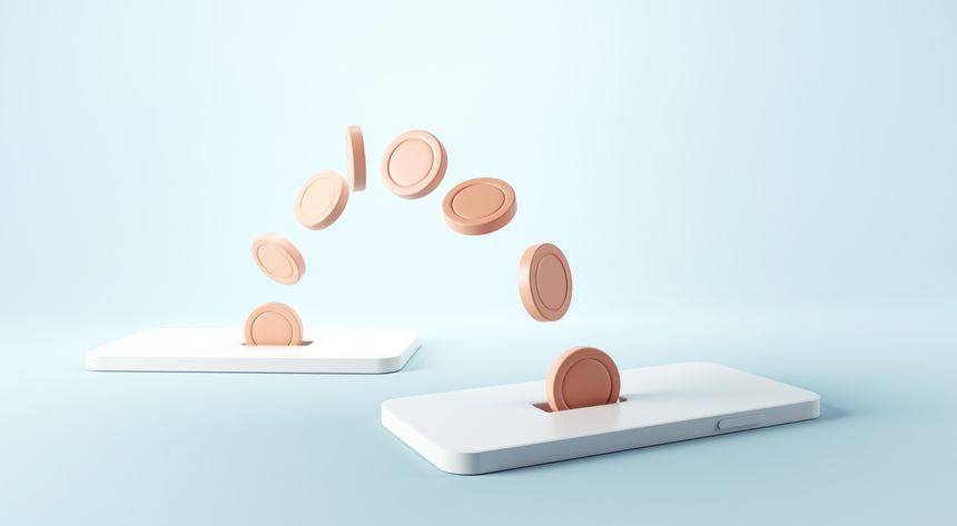 Money transfer on smartphones. Coins moving from one mobile phone to other. Sending and receiving money wirelessly, 3d render. Mobile wallet