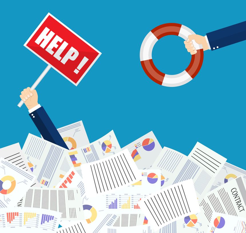 The hand of a man sticks out of a pile of papers. Another person is stretching a lifeline and wants to help. Helping Business to survive. vector illustration in flat style