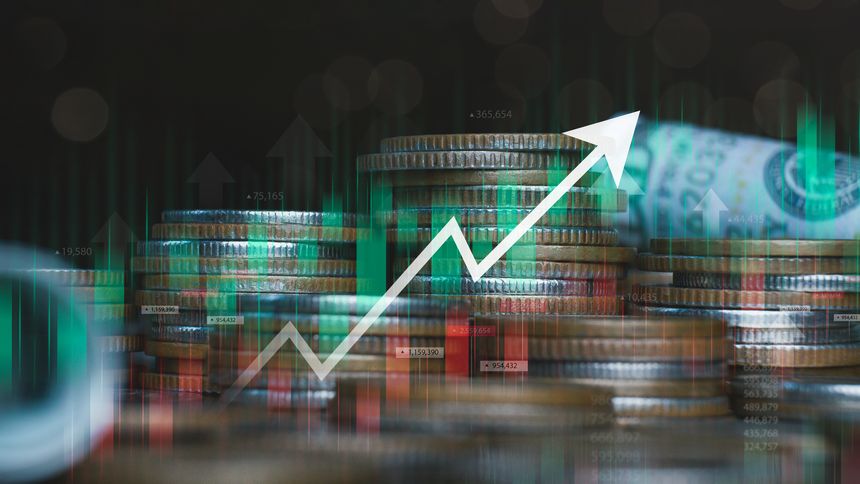 Investment and finance concept, stack of coins with trading and investment chart. financial investment business stock growth, financial annual plan, profits investment.