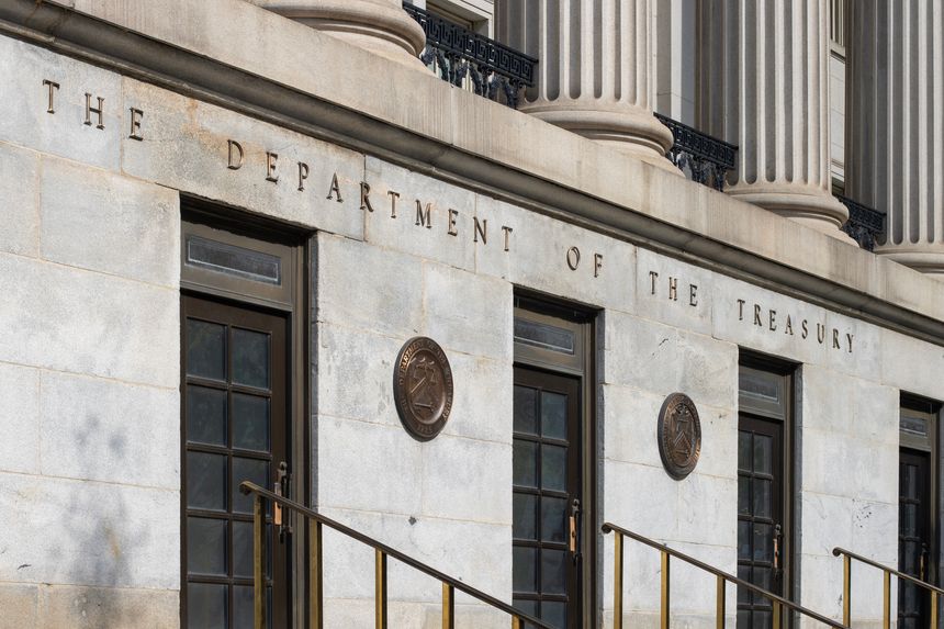 Washington, DC, USA - June 24, 2022: Exterior view of the Department of the Treasury (USDT) Building in Washington, DC.
