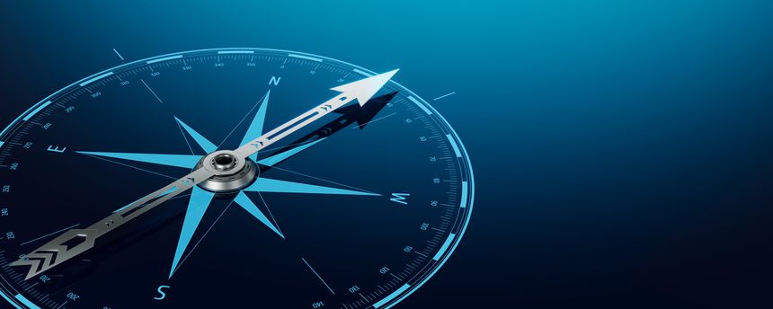 Business navigate concept. Compass Direction On Blue Background