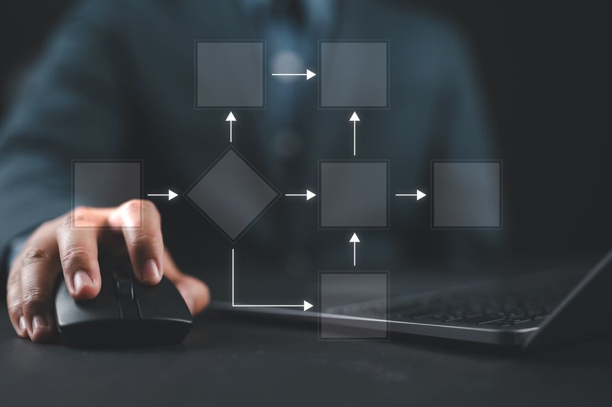 Businessman using a laptop analysis for process and workflow automation with flowchart, a businessman in background
