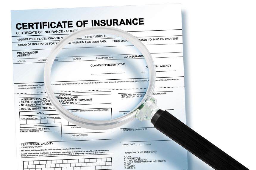 READING IMAGINARY INSURANCE CONTRACT CAREFULLY BEFORE SIGNATURE - MAGNIFYING GLASS OVER INSURANCE POLICY DOCUMENT SHOWING COVERAGE, PREMIUM, CLAIM AND REGISTRATION DETAILS ON FICTIONAL CERTIFICATE FORM