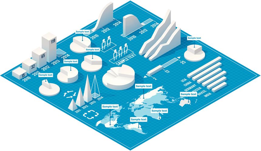 Set of the white charts, pie charts and other infographic design elements on the isometric blueprint