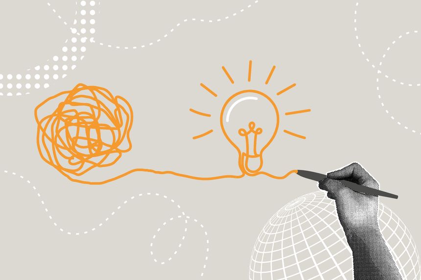 Fashionable halftone collage. Conceptualizing an idea from a confusing problem, creative problem solving, making a solution out of difficulty, simplification, skill in solving a complex problem. Hand drawing a light bulb from a ball of yarn. Illustration for presentations, web banners, social media banners. Vector illustration