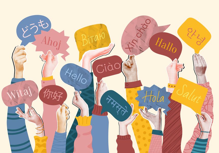 International languages collage. Language school, mixed media halftone crowd of raised hands holding speech bubbles with greetings in multiple languages. Global communication vector illustration.