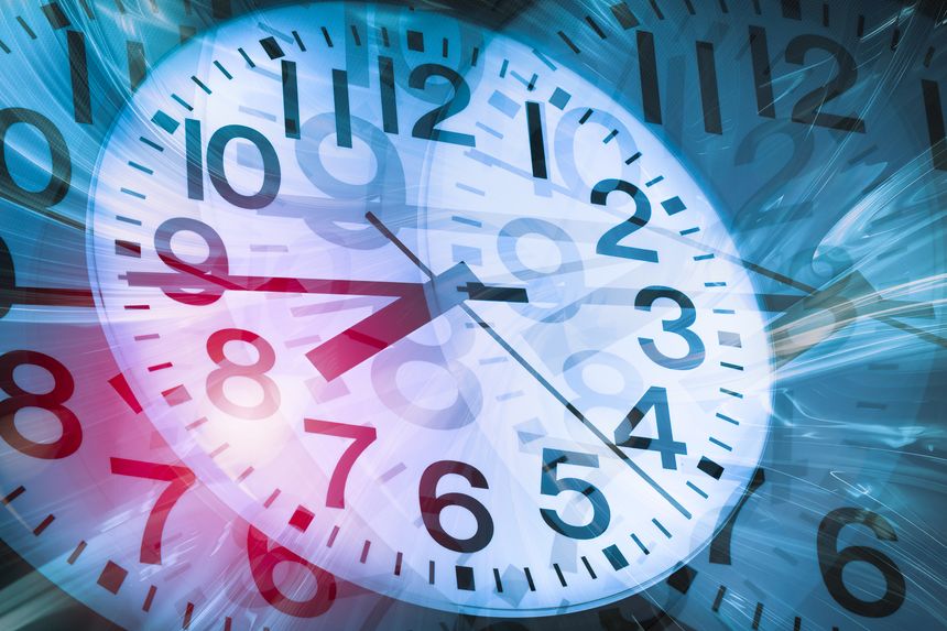 Complex precision times clock business working hours moving. Stacked multiple dimension time space graphic art concept.