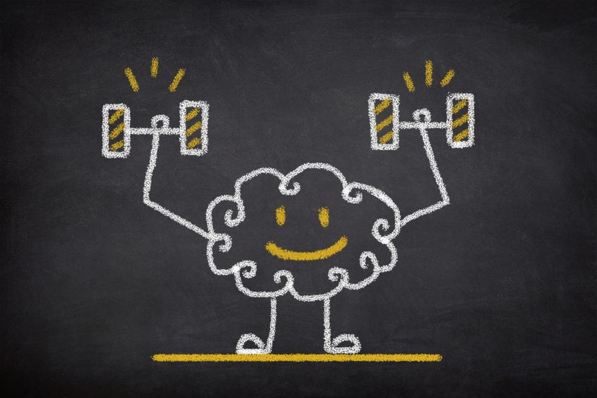 Brain exercise. Human brain lifting weights. Cognitive development concept.