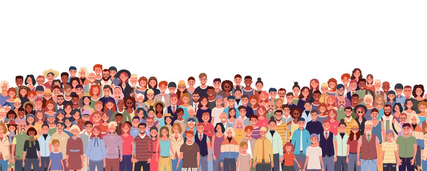 Crowd of multicultural people seamless vector pattern. Adults, kids, teens, and seniors. Group of men and women of various ages and ethnicities.