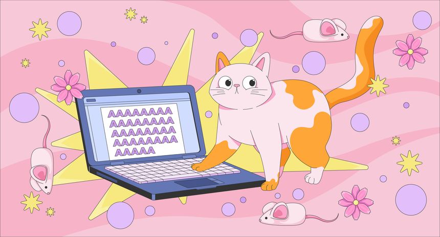 Cute playful cat stepping on laptop keyboard lofi illustration. Funny pet accidental typing. Relatable WFH humor. Lo Fi art aesthetic. 2D flat wallpaper nostalgic background. Vector cartoon image