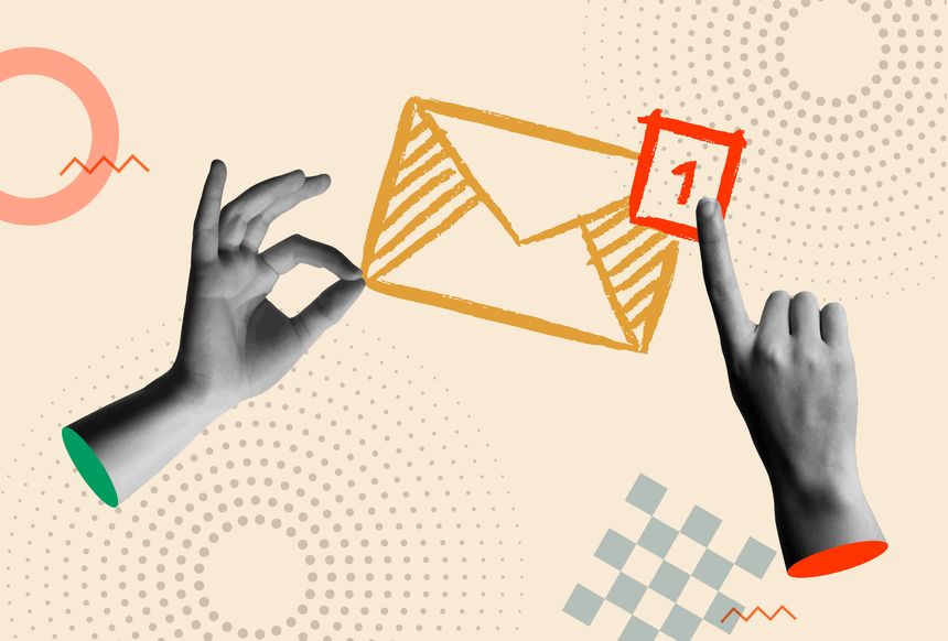 Inbox mail message notification with human hand in retro 80s collage mixed media vector illustration. Concept for online letter envelope, newsletter in mailbox, e-mail marketing; subscription, communication and notification for UI UX website