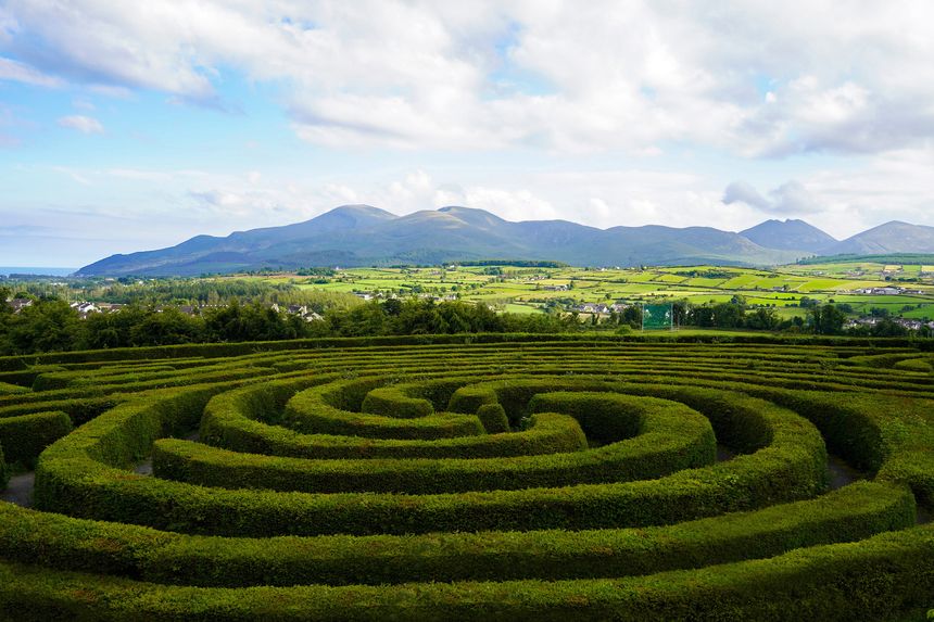 The Peace Maze in Castlewellan, Northern Ireland with The Mourne Mountains in the background