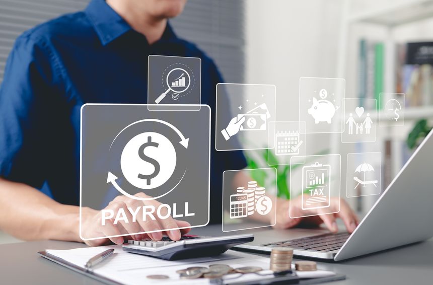 Payroll management and financial planning concept. Businessman processes payroll, salary management, financial planning, employee compensation, budgeting, taxes, and accounting in business operations.