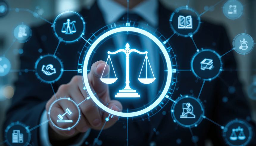 Legal Professional with Justice Icons. A suited legal professional touches virtual icons symbolizing law, justice, and legal services. business legislation, Notary public, legal advice online, Lawyer