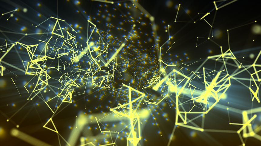 Abstract gradient blurred background with motion yellow plexus of dots and lines, technology, social networks, communication,business, surface made of triangles, futuristic network
