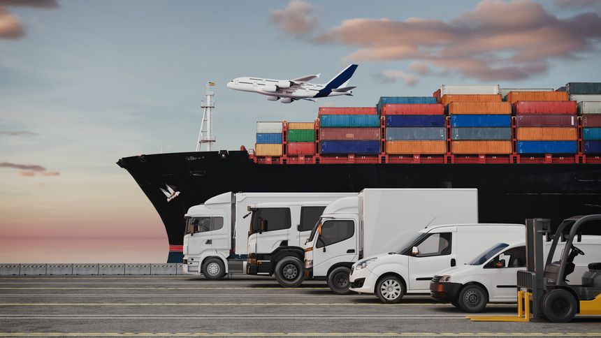 3D illustration of cargo ship, delivery trucks, and airplane, symbolizing global logistics, international shipping, and transport infrastructure.